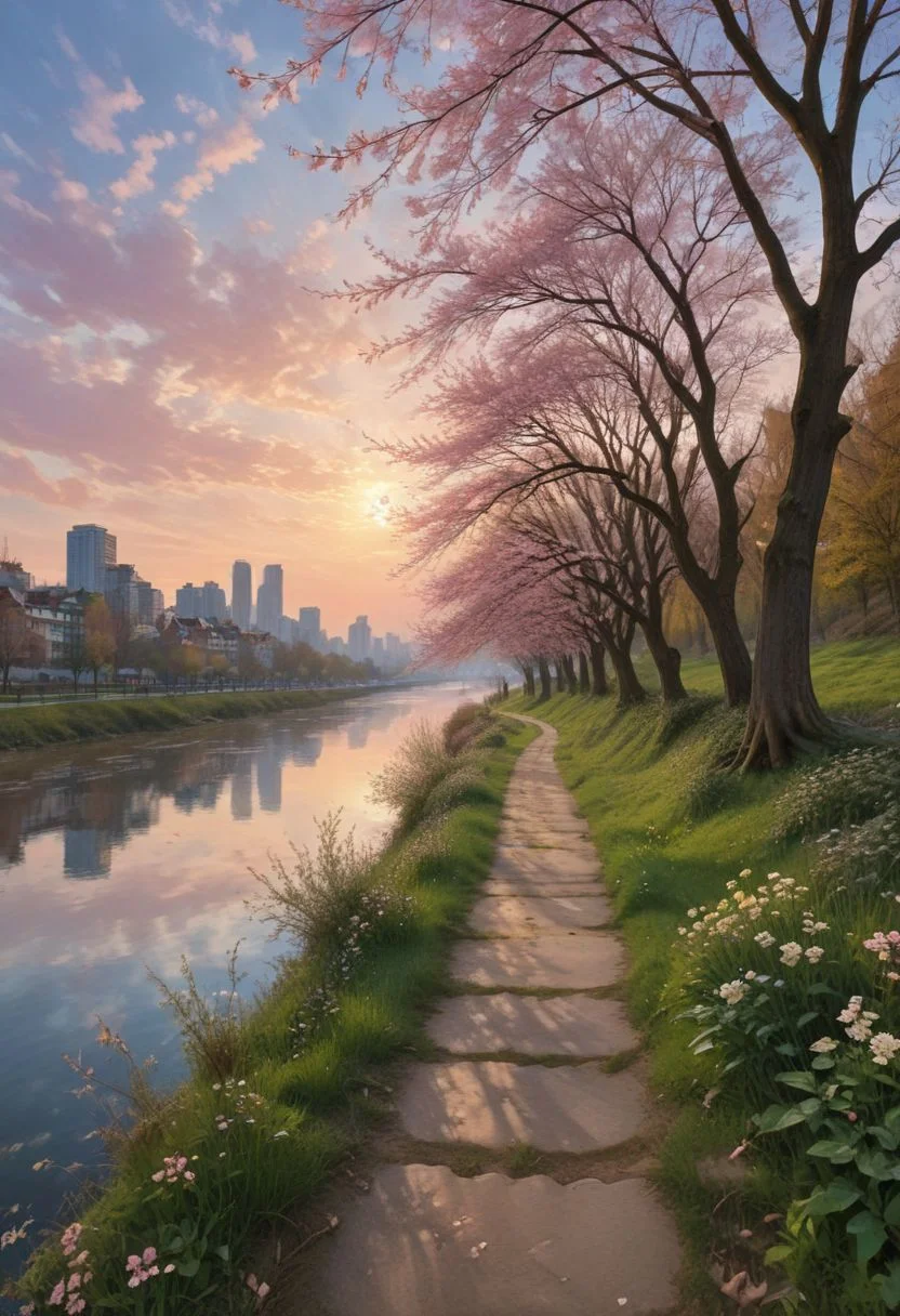 Wide riverside path lined with bare trees, path stretching into the distance, long shadows of trees across the path, tranquil river reflecting the pastel hues of the sky, distant city skyline bathed in golden light, gradient sky of soft pinks, purples, and blues, scattered wispy clouds, warm and soft lighting, gentle glow illuminating the scene, serene and peaceful atmosphere, lush grass along the path, delicate branches of trees, reflective river surface, picturesque and calm setting, dreamlike quality, ethereal and detailed environment. OverallDetail