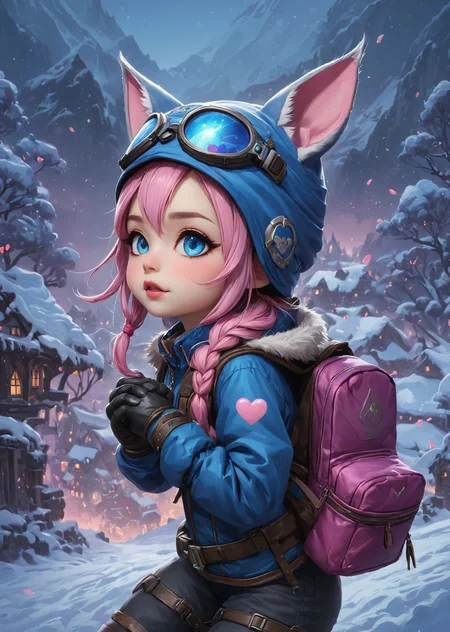 Score_9, score_8_up, score_7_up, score_6 (World of Warcraft)
(high-resolution, detailed texture, atmosphere)
(award winning, stunning, masterpiece, best quality, chiaroscuro, vibrant, colorful, absurdres)
snow, mountain, winter, flowers, whimsical, magical, dark background, steam delivery girl, 1girl, pouty lips, thick lips, :3, animal, animal ear headwear, animal hat, ((animal on head)), backpack, bag, baseball cap, black gloves, blue eyes, blue hat, blue jacket, blush stickers, cat, cat hat, cat on head, chibi, fingerless gloves, gloves, goggles, goggles on headwear, hat, heart, jacket, on head, open mouth, outline, pink background, ponytail, purple bag, waving
(natural light, light particles) (detailed image, high resolution, 5k resolution:1.0)
<lora:3D_Demon_Grillz:1>