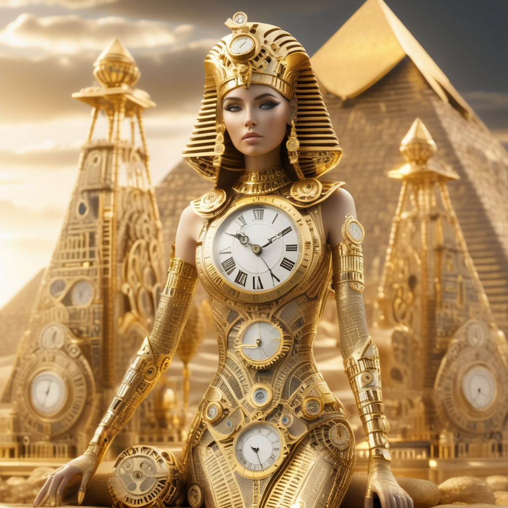 timeart beautiful golden clock Cleopatra in a costume from that time, with the pyramids in the background, very realistic, very detailed, cinematic, professional light<lora:timeart:1>