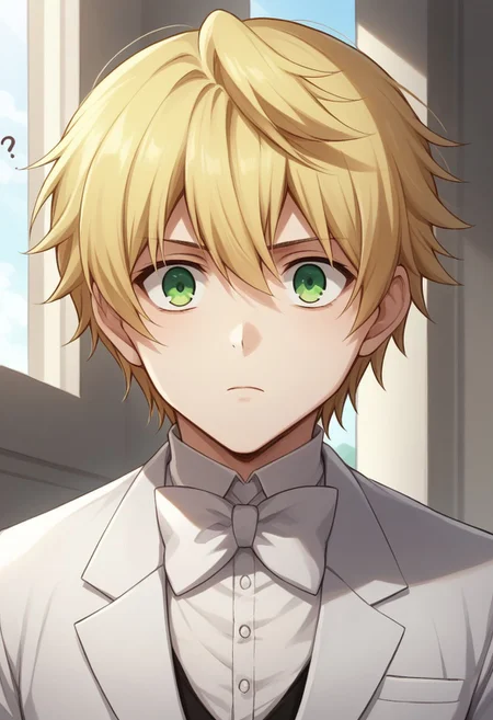 score_9, score_8_up, source_anime, highly detailed,
oz, 1boy, ?, male focus, blonde hair, green eyes, solo, formal, bow, suit, bowtie,
looking at viewer, confused, upper body,
indoor, mansion,