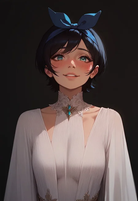 score_9, score_8_up, score_8. score_9, score_8_up, score_7_up, score_6_up, masterpiece, 4k, high quality, (best quality:1.1), ExpressiveH
1girl, Ruka, aqua eyes, black hair, blue hairbow, blushing, looking at viewer, smiling, g0dd3ss, white dress
green background