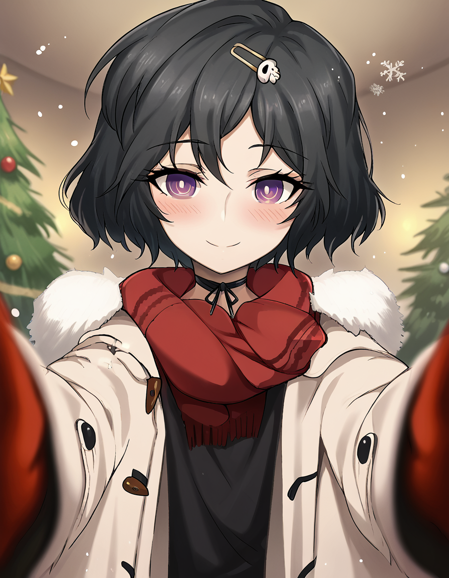 score_9, score_8_up, score_7_up, source_anime, <lora:luka-urushibara-ingame-ponyxl-lora-nochekaiser:1>, luka urushibara, black hair, choker, hair ornament, hairpin, male focus, otoko no ko, purple eyes, ribbon, ribbon choker, short hair, skull, skull hair ornament, trap,, <lora:pov-cheek-warming-ponyxl-lora-nochekaiser:1>, pov cheek warming, pov cheek warming (meme), winter gloves, duffel coat, fur-trimmed scarf, winter clothes, red mittens, meme, winter coat, red scarf, fur-trimmed coat, reaching towards viewer, reaching, mittens, fur-trimmed hood, white coat, open coat, scarf, coat, red gloves, snowing, pov, fur trim, depth of field, smile, blush,, christmas, christmas tree, christmas lights,, , dutch angle, cowboy shot
