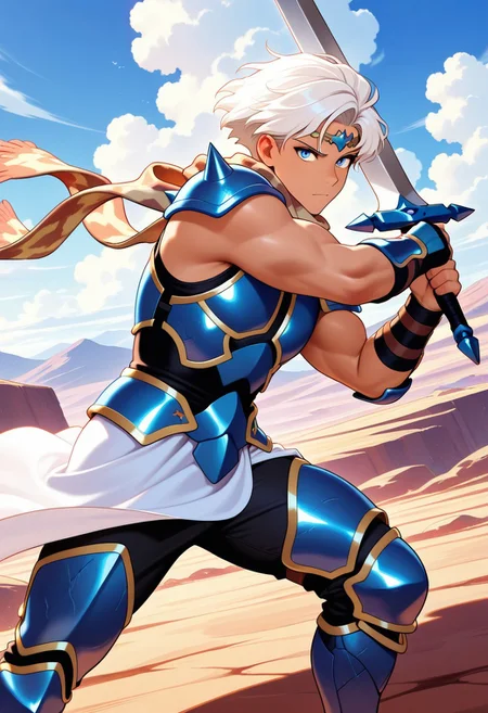 masterpiece, best quality, amazing quality, very aesthetic, absurdres, newest, ceodorff4tay, 1boy, short white hair, sleeveless, circlet, patterned scarf, spiked pauldrons, blue armor, blue vambraces, white loncloth, (blue thighhigh greaves:1.1), black pants, holding sword, action pose, looking at viewer, toned male, mature male, rocky cliffside, clouds,