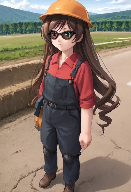 score_9, score_8_up, score_7_up, score_6_up, high resolution, gorgeous, absurdres, best quality, anime screencap, source_anime, Expressiveh, 1girl, outdoors, daytime, shiki 1_style, suiseiseki, def, hardhat, sunglasses, single glove, redengie, red shirt, overalls, solo, brown hair, twin drills, heterochromia