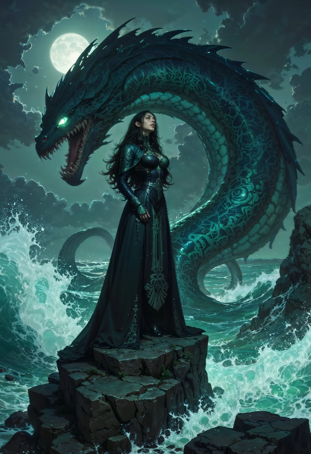 In the heart of a stormy ocean, a mysterious woman stands atop a jagged outcrop of black stone, her presence commanding the fury of the sea. Her long, dark gown billows like waves in the wind, adorned with iridescent patterns resembling bioluminescent coral. Her eyes glow a deep, unearthly green, and her hair flows like kelp caught in an unseen current. Rising from the depths behind her, the colossal tentacles of a kraken break the surface, each one slick and glistening with seawater, etched with glowing, rune-like patterns. The kraken’s eyes, enormous and glowing like twin beacons, mirror her piercing gaze. Waves crash violently against the rocks, the spray catching the faint glimmer of moonlight, while the entire scene radiates an aura of ancient, unfathomable power.