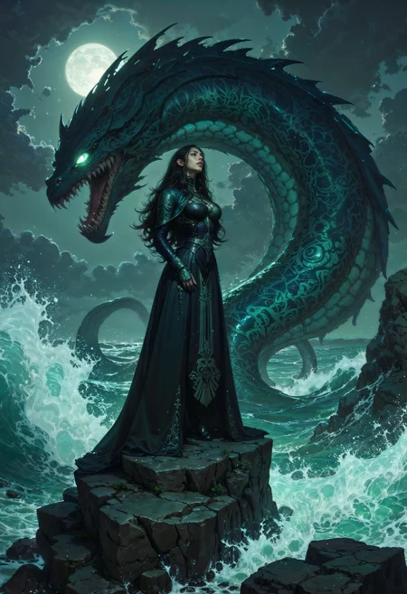 In the heart of a stormy ocean, a mysterious woman stands atop a jagged outcrop of black stone, her presence commanding the fury of the sea. Her long, dark gown billows like waves in the wind, adorned with iridescent patterns resembling bioluminescent coral. Her eyes glow a deep, unearthly green, and her hair flows like kelp caught in an unseen current. Rising from the depths behind her, the colossal tentacles of a kraken break the surface, each one slick and glistening with seawater, etched with glowing, rune-like patterns. The kraken’s eyes, enormous and glowing like twin beacons, mirror her piercing gaze. Waves crash violently against the rocks, the spray catching the faint glimmer of moonlight, while the entire scene radiates an aura of ancient, unfathomable power.