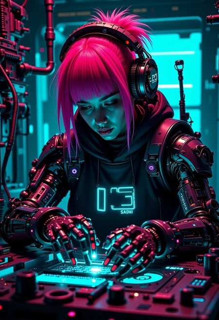 A digital artwork in the style of cknc, beautiful cyberpunk girl, shaggy cut fiery middle red hair with sharp bangs, one cybernetic eye, detailed face with dark lipstick, wearing a tech-enhanced hoodie with neon accents and mechanical details, intricate cybernetic arm with exposed mechanics and glowing elements, working on a mechanical skull with integrated circuits and holographic displays, surrounded by detailed mechanical parts and tools, (neo-noir lighting), (cyberpunk workshop background), cables and mechanical tubes in background, neon cyan and magenta color scheme, detailed mechanical elements, cinematic composition, ultra detailed, sharp focus, illustration style, digital art, (masterpiece), (best quality), intricate details, professional lighting, volumetric lighting