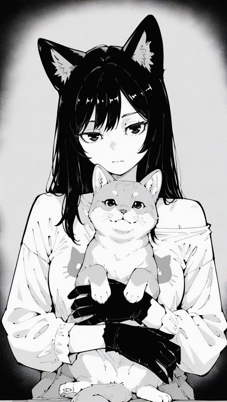 1girl, animal, animal ear fluff, animal ears, bangs, black gloves, black hair, cat, cat ears, closed mouth, cat, fox, gloves, greyscale, holding animal, holding cat, looking at viewer, monochrome, off shoulder, petting, shiba inu, shirt, solo, upper body, white shirt, wolf <lora:Texture Sketch-000020:1> texture_sketch,monochrome, greyscale