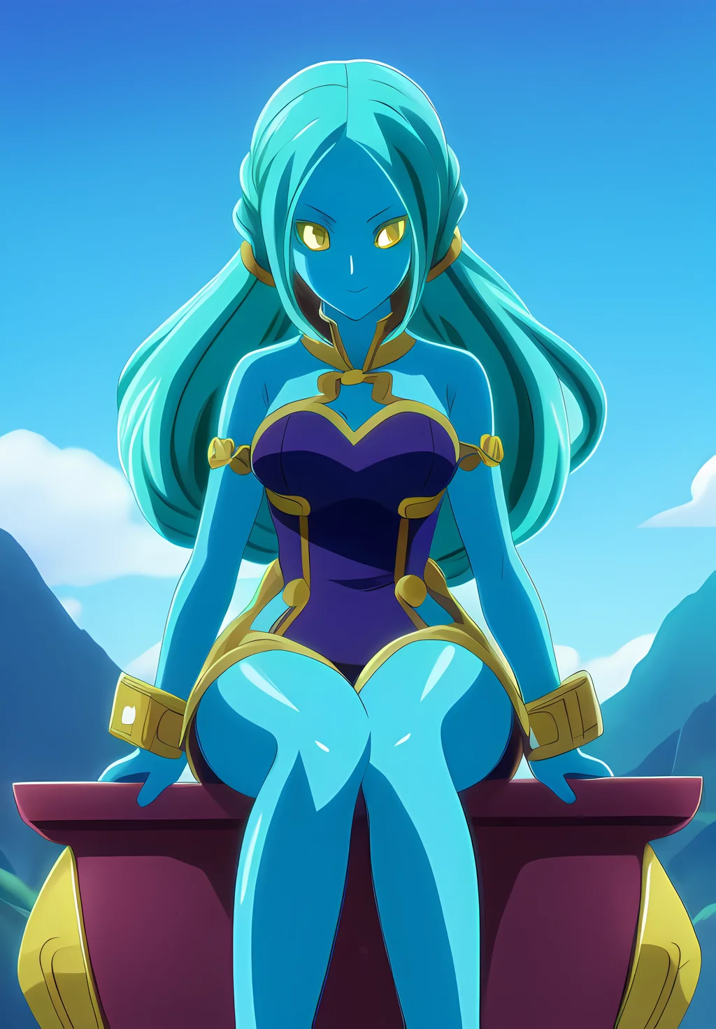 <lora:Lagss:0.8>, Lagss, 1girl, solo, colored skin, Sitting, Smirk, (acclaimed, alluring, captivating, exciting, gorgeous, striking:1.3), (trending on CGSociety, trending on pixiv, contest winner:1.3)
