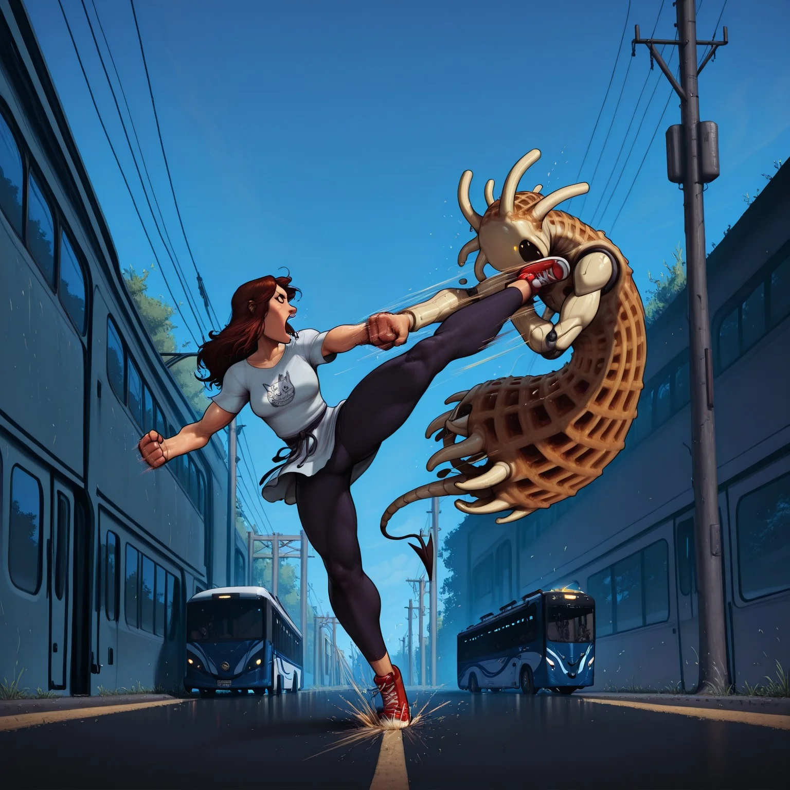 ((medium long shot)), jlullabystyle, devilhs, incoth, (incase:0.6),
/, ((waffle monster, monster made out of waffles, waffle covered monster), bus transformer, robotic bus), fighting, punching, kicking,