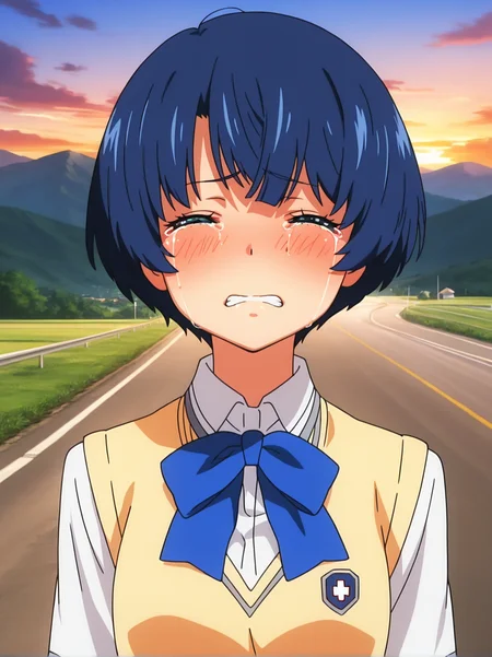 (masterpiece:1.4), (best quality:1.4),,absurdres,anime screenshot
1girl,female focus,solo,,detailed eyes,1girl,
tanigawa_kanna,  
blue hair, short hair, blue eyes,   aqua eyes, 
school uniform, sweater vest, blue ribbon,
upper body,blush,closed eyes,looking at viewer,
(crying:1.3),teardrop,tears,sad,teeth
outdoor,sky,summer,cloud,mountainous horizon,road,evening
 <lora:kanna:1>