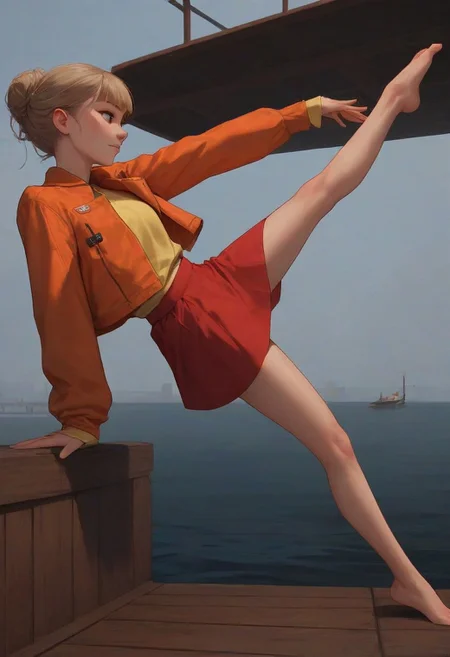 safe_pos, score_9, score_8_up, score_7_up, score_6_up,
1girl, 25 years old, perfect face, cute, petite,
light brown hair, blunt bangs, hair bun,
grey eyes,
orange jacket, yellow shirt, red skirt,
sitting, stretching leg, flexible, wide spread legs, wide shot, from side, dynamic angle, dynamic pose, barefoot,
pier
