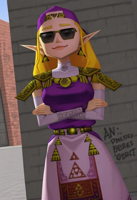 low poly, 3d, an animated character, 1girl, solo, princess zelda, blonde hair, long hair, purple dress, shoulder armor, earrings, triforce, pointy ears, large breasts, upper body, baseball cap, brick wall, backwards hat, sunglasses, crossed arms, alley with graffiti, day, dutch angle, crouching , smug, confident