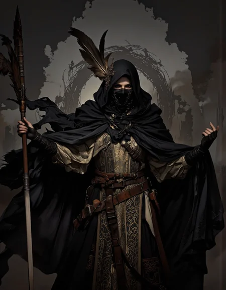 A digital illustration featuring a woman hunter dressed in a dark and ominous outfit in dynamic action. She is wearing a black hooded cloak with a hood that covers their face and upper body. The cloak is made of a shiny, metallic material and has intricate designs and patterns on it. The hood is also covered with a black mask that covers the person's eyes and nose. On the left side of the person, there is a large, pointed headpiece with a feather-like design. The background is dark and foggy, creating a dramatic and ominous atmosphere. The overall mood of the image is ominous and foreboding. (Bloodborne scene, Cinematic:1.1)