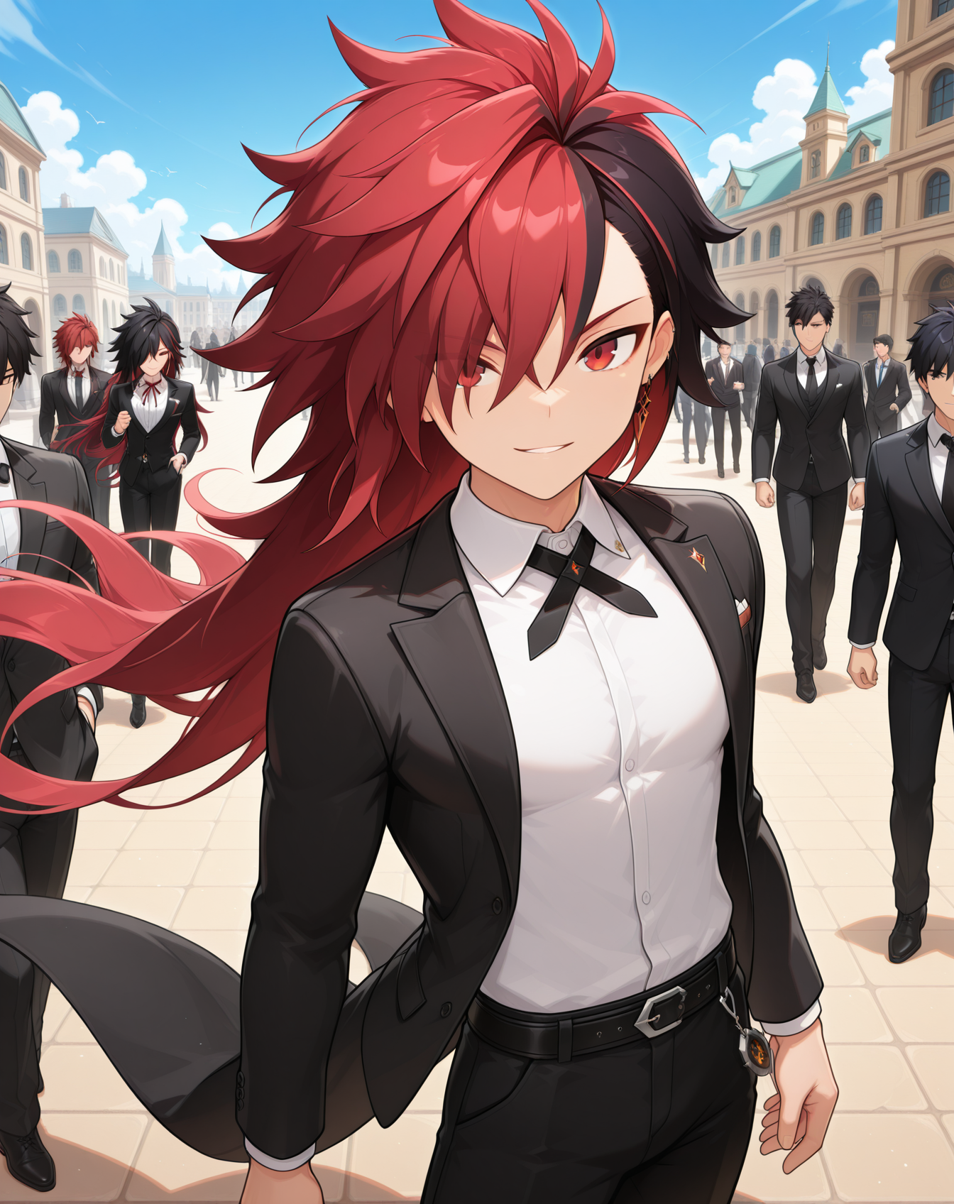 masterpiece,best quality,amazing quality, newest, very aesthetic, absurdres,
1boy, solo, yaoi, male focus, looking at viewer, cowboy shot, standing,
<lora:Elsword_Immortal_ilxl:1> elswordim, red eyes, multicolored hair, red hair, two-tone hair, black hair, long hair, streaked hair, hair over one eye,
formal, tuxedo, neck ribbon, white shirt, collared shirt, black pants, shoes, black footwear, suit jacket, black jacket,
outdoors, day, blue sky, building, people,
