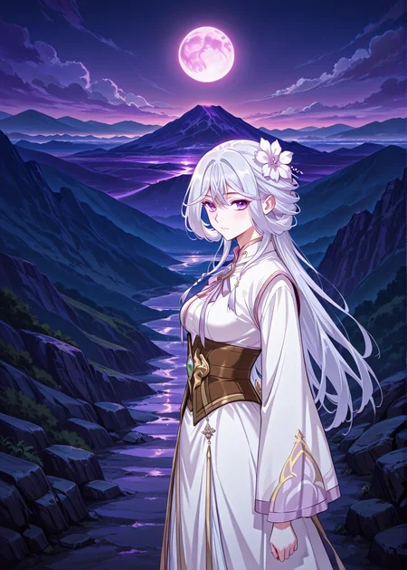 <lora:Chu_Qingcheng__Demon_Emperor__Illustrious:1>
1 girl, solo, long hair, white hair, layered hairstyle, side-swept bangs, flower hair ornament, hair flower, purple eyes,
chinese clothes, white long dress, gold-trimmed dress, brown corset, emerald gem, gem brooch, front bow, long sleeves
score_9, score_8_up, score_7_up, source anime, BREAK, cowboy shot, (from side), looking back, looking at viewer, overlooking mountain, high altitude, scenery, exterior, background, night, purple moon, <lora:iLLMythG0thicL1nes:1>