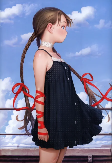 1girl, solo, braid, dress, sky, brown hair, twin braids, very long hair, outdoors, black dress, day, cloud, blue sky, choker, sleeveless dress, red ribbon, profile, polka dot dress, sleeveless dress, standing,
masterpiece, best quality, amazing quality, absurdres, newest,
<lora:renji_murata:1>