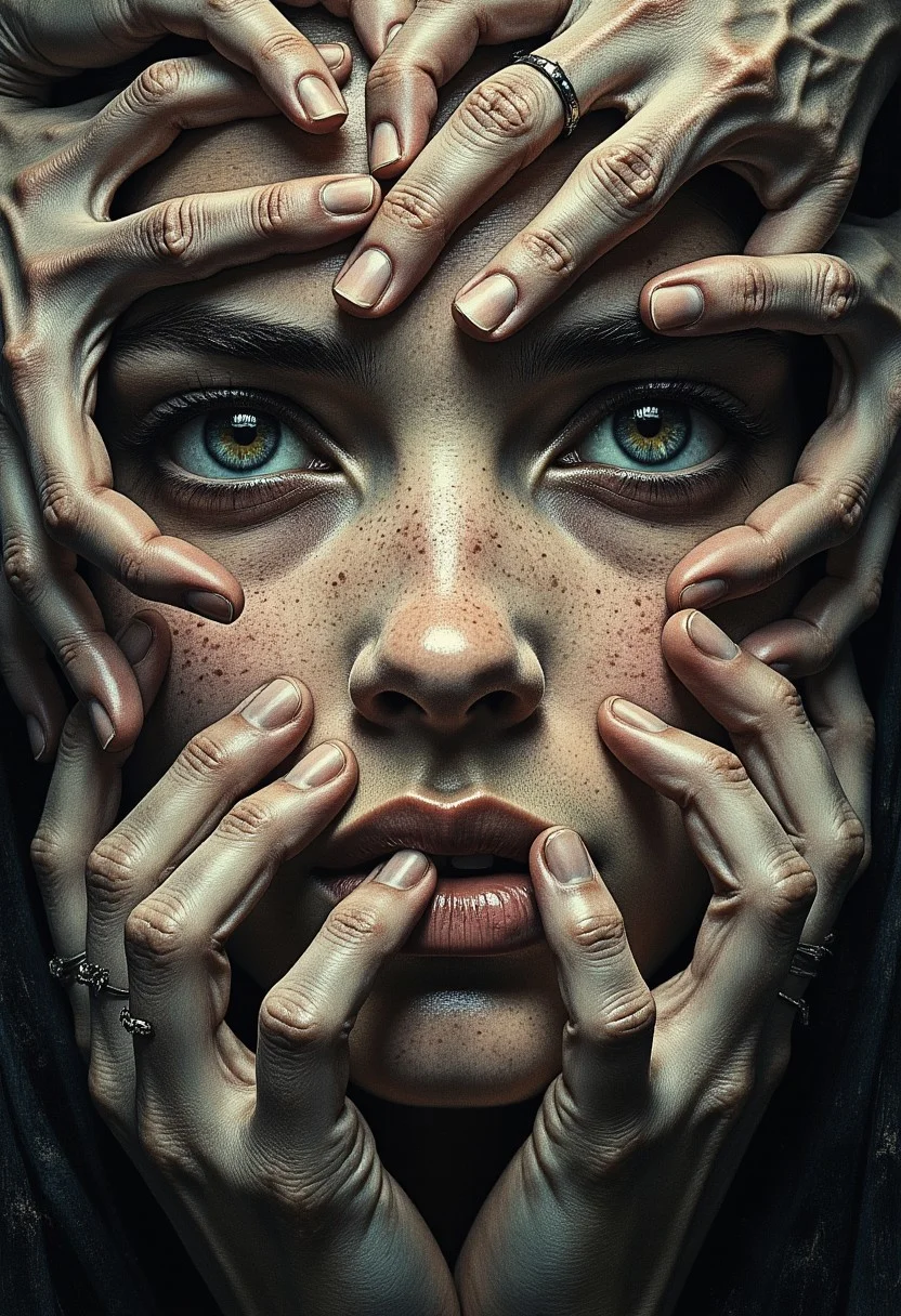 An ultra close-up portrait of a woman’s face, filling the entire frame, leaving no visible background. Her expression is unreadable, partially hidden beneath a mass of hands—a mixture of tiny, delicate fingers of infants, smooth hands of youth, and wrinkled, veined hands of the elderly. The hands are not her own; they belong to many others, pressing gently yet firmly over her features, partially covering her eyes, mouth, and cheeks. Some hands grasp her jawline, others stretch over her forehead, their fingertips resting just above her lips, as if silencing her. The variation in skin textures is striking—soft, unblemished baby hands contrast against aged, gnarled fingers with deep lines and prominent veins. Though her eyes are partially covered, faint glimpses of them peek through the gaps, revealing an intense gaze filled with an emotion that remains just out of reach. Shadows from the overlapping fingers create a layered depth, making her face feel both hidden and revealed at the same time. The lighting is moody and dramatic, with high contrast between the illuminated skin of the hands and the deep shadows cast across her face. The lack of a background isolates her, making the tangled, intricate weave of fingers the singular focus. The contrast between the lifelike textures of the hands and her obscured, expressionless face creates a haunting, surreal narrative—one of silence, control, protection, or something unknown.
