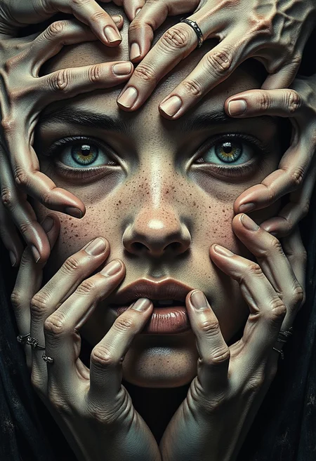 An ultra close-up portrait of a woman’s face, filling the entire frame, leaving no visible background. Her expression is unreadable, partially hidden beneath a mass of hands—a mixture of tiny, delicate fingers of infants, smooth hands of youth, and wrinkled, veined hands of the elderly. The hands are not her own; they belong to many others, pressing gently yet firmly over her features, partially covering her eyes, mouth, and cheeks. Some hands grasp her jawline, others stretch over her forehead, their fingertips resting just above her lips, as if silencing her. The variation in skin textures is striking—soft, unblemished baby hands contrast against aged, gnarled fingers with deep lines and prominent veins. Though her eyes are partially covered, faint glimpses of them peek through the gaps, revealing an intense gaze filled with an emotion that remains just out of reach. Shadows from the overlapping fingers create a layered depth, making her face feel both hidden and revealed at the same time. The lighting is moody and dramatic, with high contrast between the illuminated skin of the hands and the deep shadows cast across her face. The lack of a background isolates her, making the tangled, intricate weave of fingers the singular focus. The contrast between the lifelike textures of the hands and her obscured, expressionless face creates a haunting, surreal narrative—one of silence, control, protection, or something unknown.