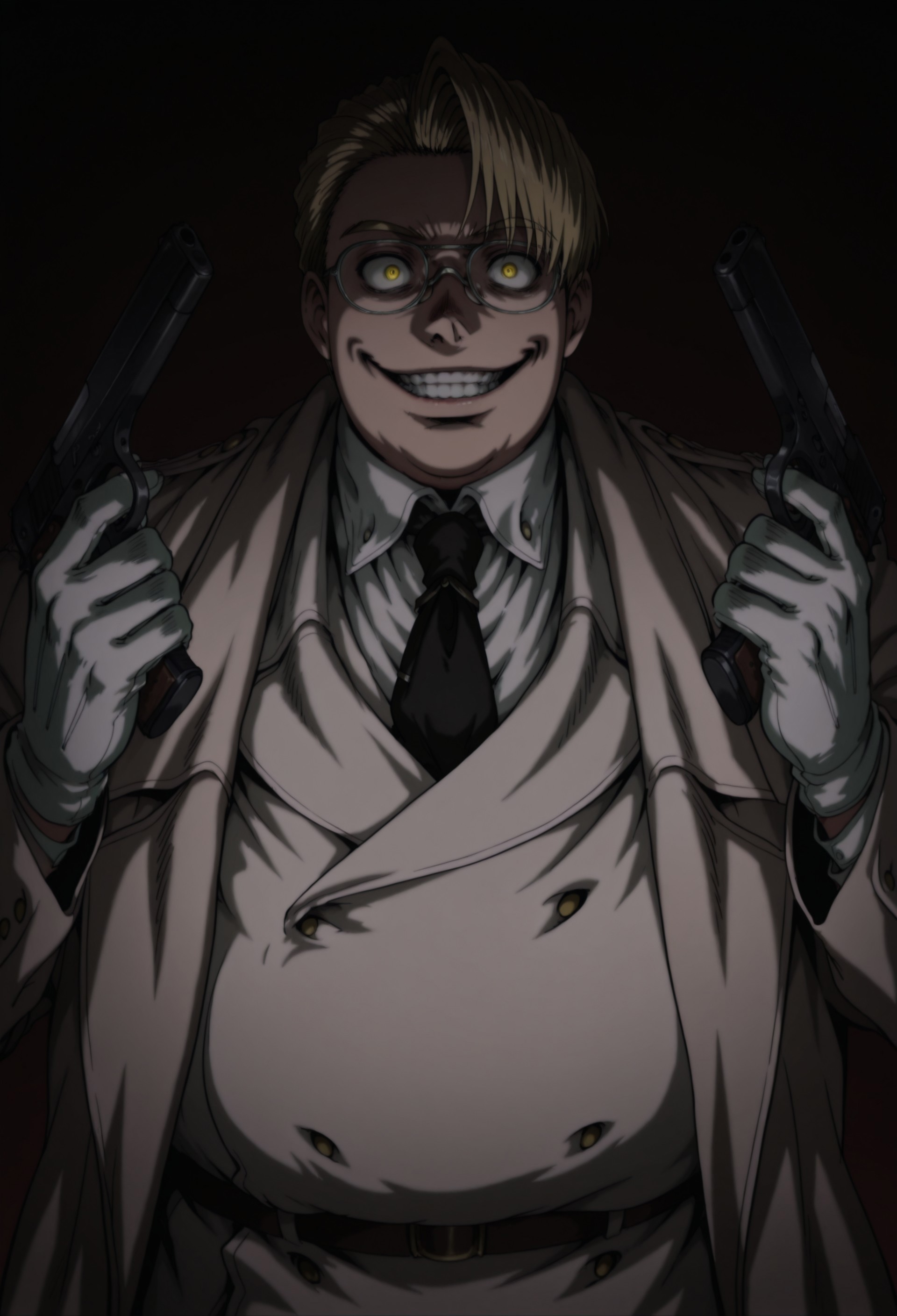 score_9, score_8_up, score_7_up, masterpiece, best quality, amazing quality, very aesthetic, absurdres, TheMajor, fat, 1boy, solo, male focus, blonde hair, short hair, yellow eyes, glasses, white overcoat, white jacket, white shirt, collared shirt, black necktie, white gloves, holding,crazy smile,solo,gun,weapon,holding weapon,holding gun,upper body,handgun,teeth,simple background,dark,