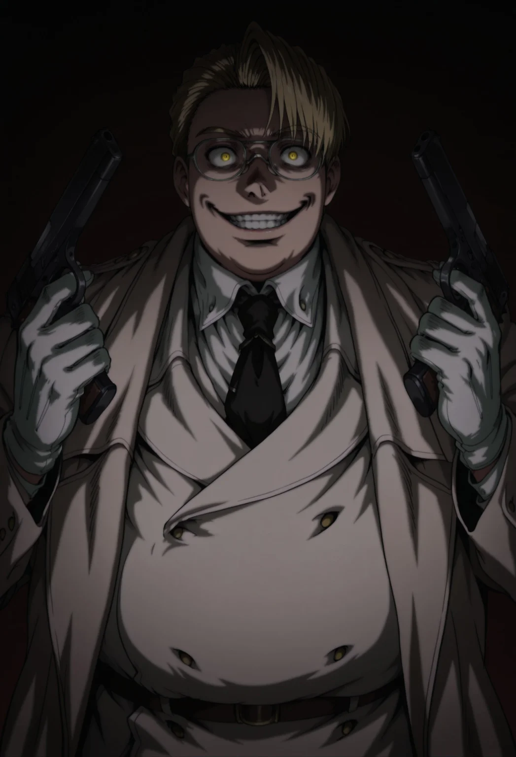 score_9, score_8_up, score_7_up, masterpiece, best quality, amazing quality, very aesthetic, absurdres, TheMajor, fat, 1boy, solo, male focus, blonde hair, short hair, yellow eyes, glasses, white overcoat, white jacket, white shirt, collared shirt, black necktie, white gloves, holding,crazy smile,solo,gun,weapon,holding weapon,holding gun,upper body,handgun,teeth,simple background,dark,