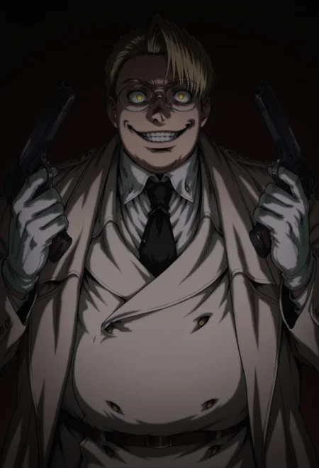 score_9, score_8_up, score_7_up, masterpiece, best quality, amazing quality, very aesthetic, absurdres, TheMajor, fat, 1boy, solo, male focus, blonde hair, short hair, yellow eyes, glasses, white overcoat, white jacket, white shirt, collared shirt, black necktie, white gloves, holding,crazy smile,solo,gun,weapon,holding weapon,holding gun,upper body,handgun,teeth,simple background,dark,