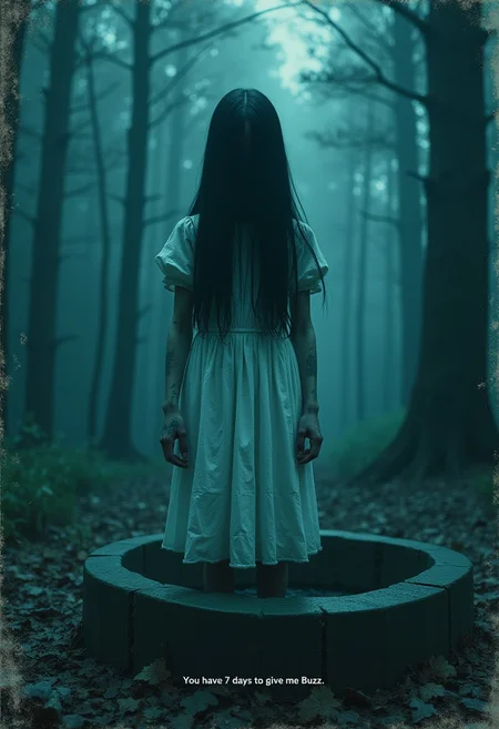 A damaged image from an old Japanese horror movie like 'The Ring', with a blue-green monochromatic color scheme, low contrast and grainy texture like it's from an old VHS tape. The image shows a ghostly girl standing rigidly in the center of a dark and eerie forest. She wears a white dress and has long, dark hair completely covering her face. The creepy girl is emerging from a well and has dirty hands.
The image has subtitles with the text "You have 7 days to give me Buzz.". 
The overall mood of the image is deeply unsettling and disturbing.