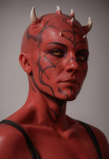 score_9, score_8_up, score_7_up, female, alien girl, solo, Dathomirian Zabrak alien, yellow eyes, toned, mature, photorealistic, red skin, small white horns, haughty, bald, close up, volumetric light, high res, detailed, masterpiece