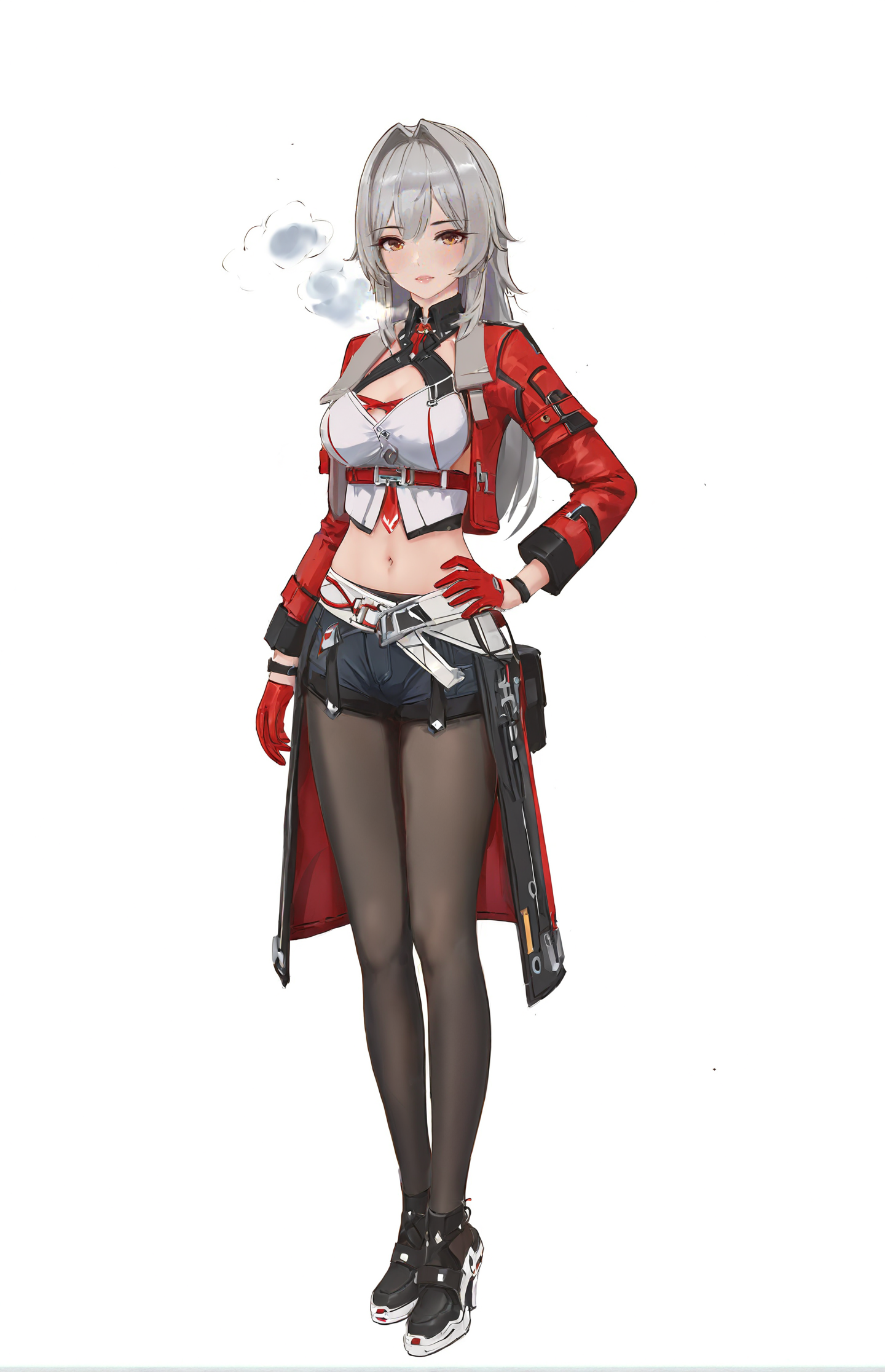 (by wlop:0.45), by novelance, 8k, best quality, masterpiece, (ultra-detailed:1.1), (high detailed skin), good background, 
(full body), (white background,simple background:1.2), standing, looking at viewer, (solo), hand on hip, 
<lora:Helia-kohaku-Tanger:0.8>, Helia, def clothes, 1girl, gloves, long hair, grey hair, navel, pantyhose, shorts, breasts, 
BREAK
ominous, (realistic detailed skin:1.15), (amazing detail:1.1), depth of field, ultra-highres, 8k, visible breath, <lora:UNW3LLXLP:0.8>, <lora:zavy-cntrst-sdxl:0.8>,