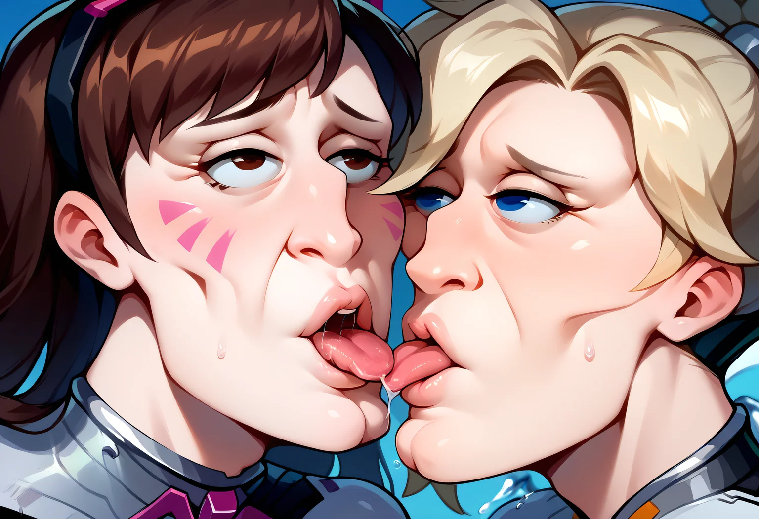 score_9, score_8_up, score_7_up, BREAK <lora:handsomize_x_pdxl_v1:1.2> handsomize, 2girls, yuri, d.va \(overwatch\) mercy \(overwatch\), tongue out, saliva, sweat, kiss, splashing