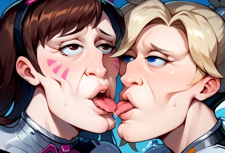 score_9, score_8_up, score_7_up, BREAK <lora:handsomize_x_pdxl_v1:1.2> handsomize, 2girls, yuri, d.va \(overwatch\) mercy \(overwatch\), tongue out, saliva, sweat, kiss, splashing