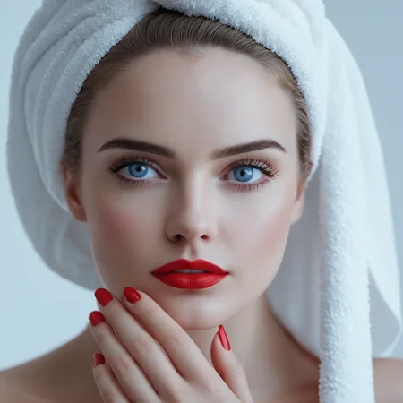 cinematic film still of <lora:High-key lighting Style:1>
bright light, bright, a woman with a red lipstick and a white towel High-key lighting Style,1girl,solo,blue eyes,nail polish,lips,eyelashes,makeup,lipstick,portrait,red nails,realistic,red lips, shallow depth of field, vignette, highly detailed, high budget, bokeh, cinemascope, moody, epic, gorgeous, film grain, grainy