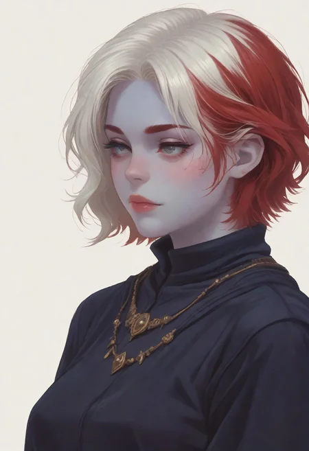 score_8_up, score_7_up, score_6_up, dnd <lora:dnd_flat:0.95> 1girl tiefling, portrait, short horns, blue skin <lora:Crude:0.6> (wizard clothes:1.2) , jewelry, short BOB hair, WHITE hair, close up, side view, RED HAIR
WHITE BACKGROUND