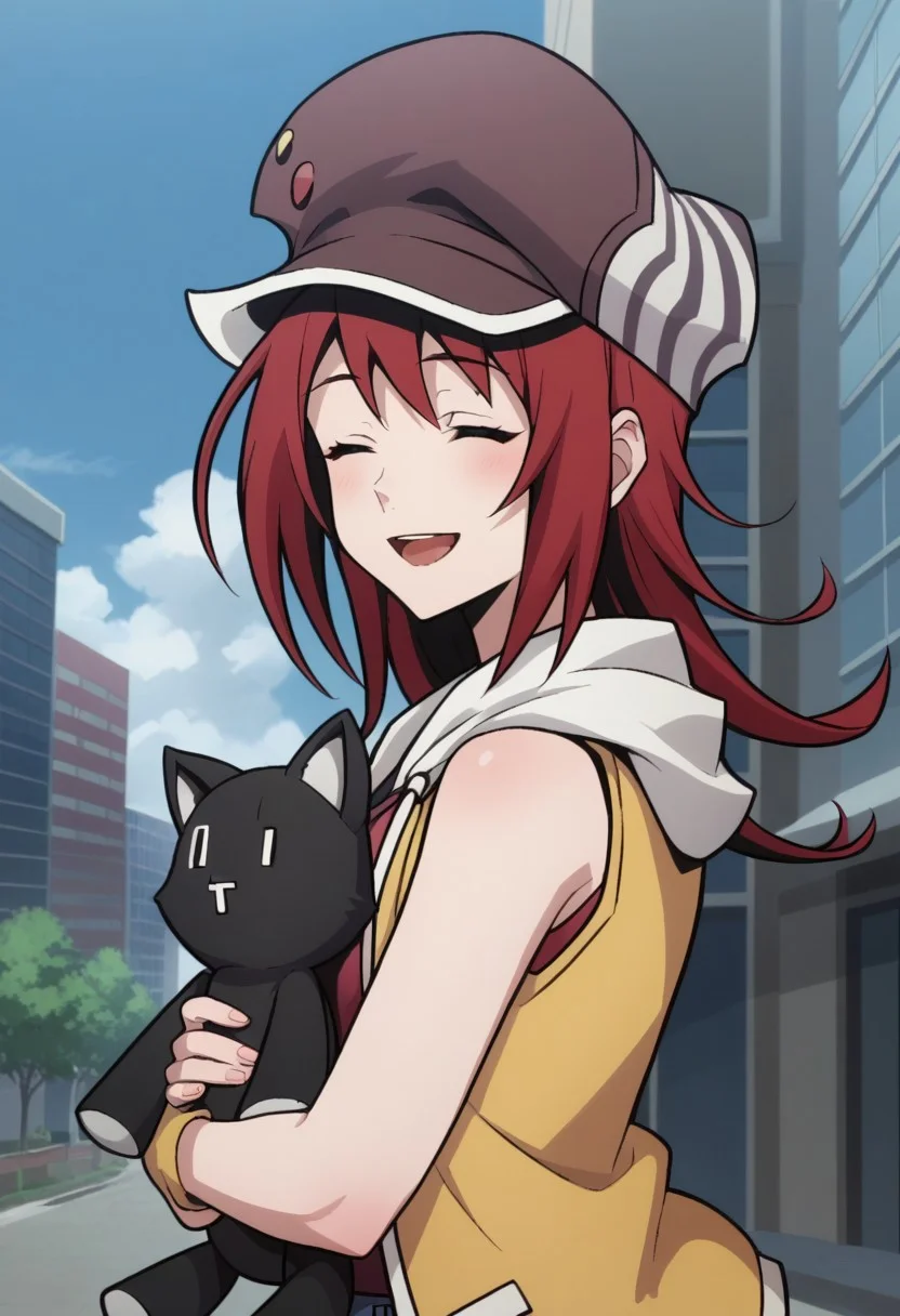 score_9, score_8_up, score_7_up, source_anime, highly detailed,
shikimisaki, 1girl, solo red hair, hat, closed eyes, jewelry, open mouth, smile,stuffed toy, stuffed cat, cabbie hat, jacket, sleeveless jacket, yellow jacket, upper body, hug toy,
outdoor, street, building, sky, cloud,