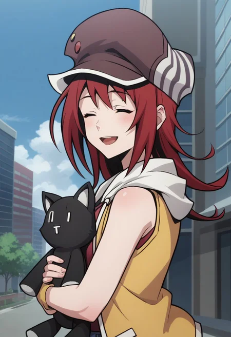 score_9, score_8_up, score_7_up, source_anime, highly detailed,
shikimisaki, 1girl, solo red hair, hat, closed eyes, jewelry, open mouth, smile,stuffed toy, stuffed cat, cabbie hat, jacket, sleeveless jacket, yellow jacket, upper body, hug toy,
outdoor, street, building, sky, cloud,