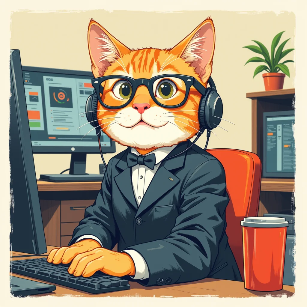 illustration of a cat in office attire. He works in IT.