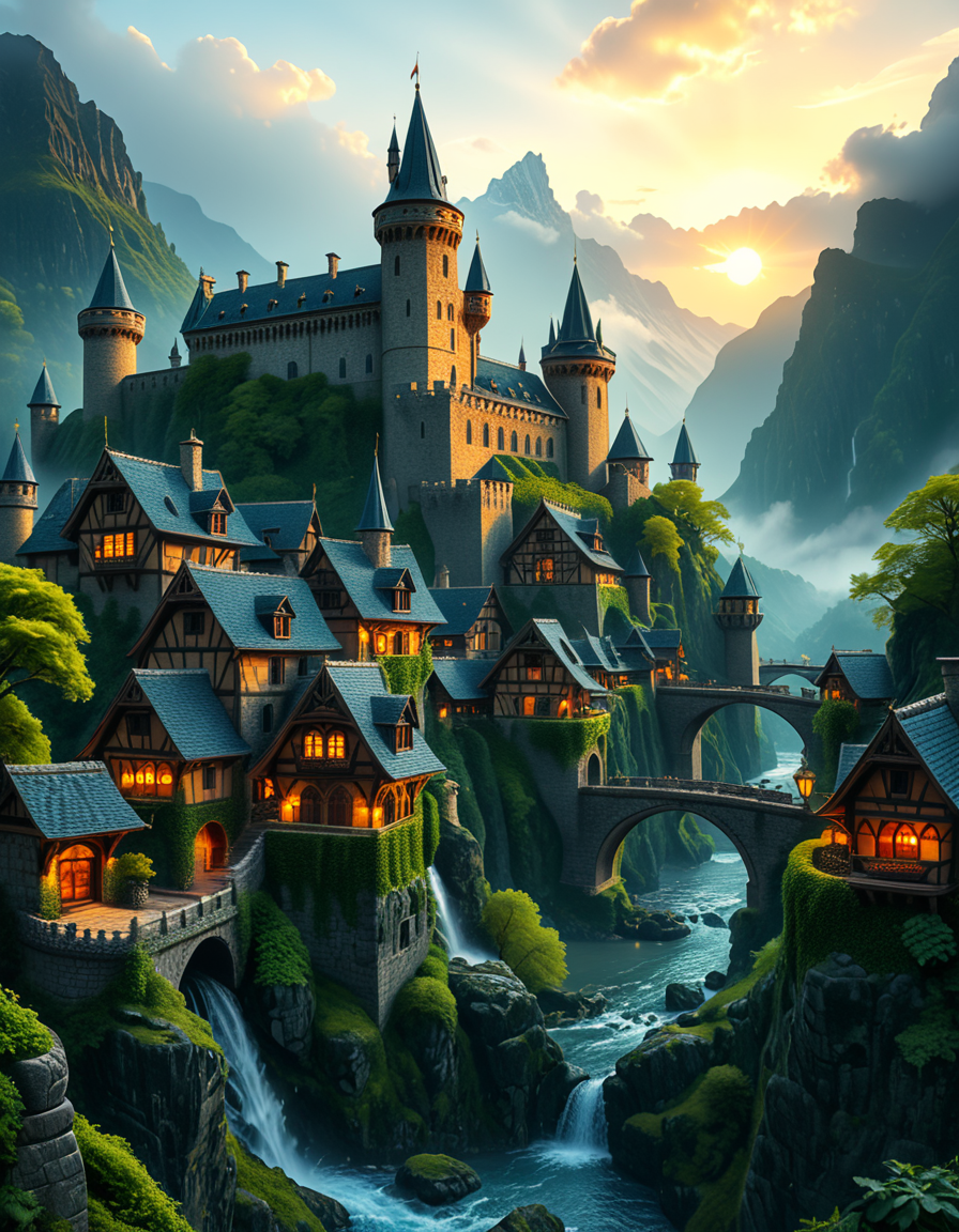 A breathtaking medieval fantasy city nestled in a lush valley, surrounded by towering mountains and dense forests. A grand castle with multiple towers and turrets stands atop a hill, overlooking the town below. The city consists of charming half-timbered houses with glowing windows, perched on rocky cliffs and connected by stone bridges over cascading waterfalls. The river flows through the village, reflecting the warm golden lights of lanterns and torches. Ivy and moss grow over the stone walls, adding to the enchanted, ancient atmosphere. The background features misty mountains with additional fortresses and watchtowers, partially hidden by low-hanging clouds. The sky is illuminated by a soft, warm sunset, casting a golden glow on the scenery, creating a perfect blend of realism and fantasy. Highly detailed, cinematic, and immersive, with a magical, fairy-tale ambiance.
<lora:SDXLFaeTastic2400:0.4> <lora:extremely_detailed:0.4> extremely detailed, <lora:medieval_f4nt4sy_c1ty:1>,medieval f4nt4sy c1ty, Masterpiece,best quality,hi res,8k,hi res,8k,award winning,(sharp focus, intricate, highly detailed),