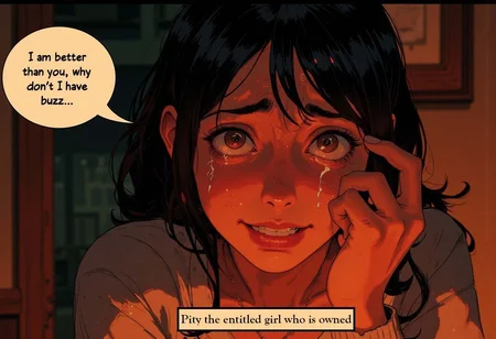 An intense, emotionally charged anime scene depicting a young woman in deep distress. Tears stream down her face as she cries uncontrollably, her expression twisted in sorrow. Her clenched hand wipes at her teary eyes, but the overwhelming sadness is undeniable. The dramatic lighting enhances the raw emotion, with warm tones contrasting against her anguish. A classic melodramatic anime moment, full of heartbreak and vulnerability.
A text bubble appears, reading: "I am better than you, why don’t I have buzz?" Meanwhile, overlay text at the bottom states: "Pity the entitled b***"