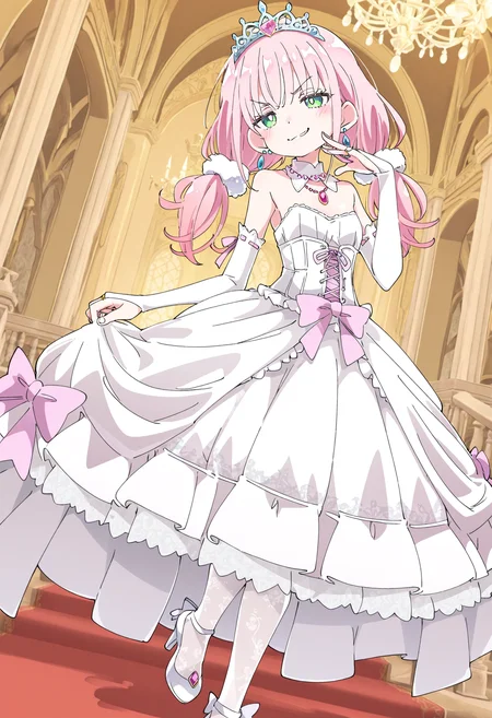 best quality, rich details,very aesthetic,intricate details,1girl,,artist:ixy,torino aqua,artist:healthyman,solo,fenzuan,green eyes,tiara,pink necklace,earrings,pink hair,low twintails,petite,ojou-sama pose,smirk,head tilt, white dress, bridal gauntlets, detached collar,corset, palace, white pantyhose,highheels,pink bow,dutch angle, <lora:Fenzuanç²é»:0.7>