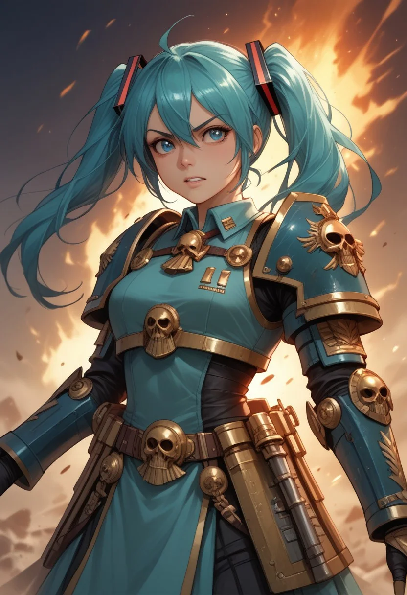 score_9, score_8_up, score_7_up, source_anime, solo, adorable chibi Hatsune Miku, woman, partial body, close view, fighting in a battlefield, angry, Warhammer battle armor, Warhammer shoulder armor, Warhammer chest armor, robotic joints, large weapolong legs, long arms, dancing:1.2), dancing, excited, (indirect lighting, dynamic lighting:1.4), explosion background, chibi art style, (detailed image, high resolution, 5k resolution:1.0), (realistic style, Warhammer Art Style:1.2)