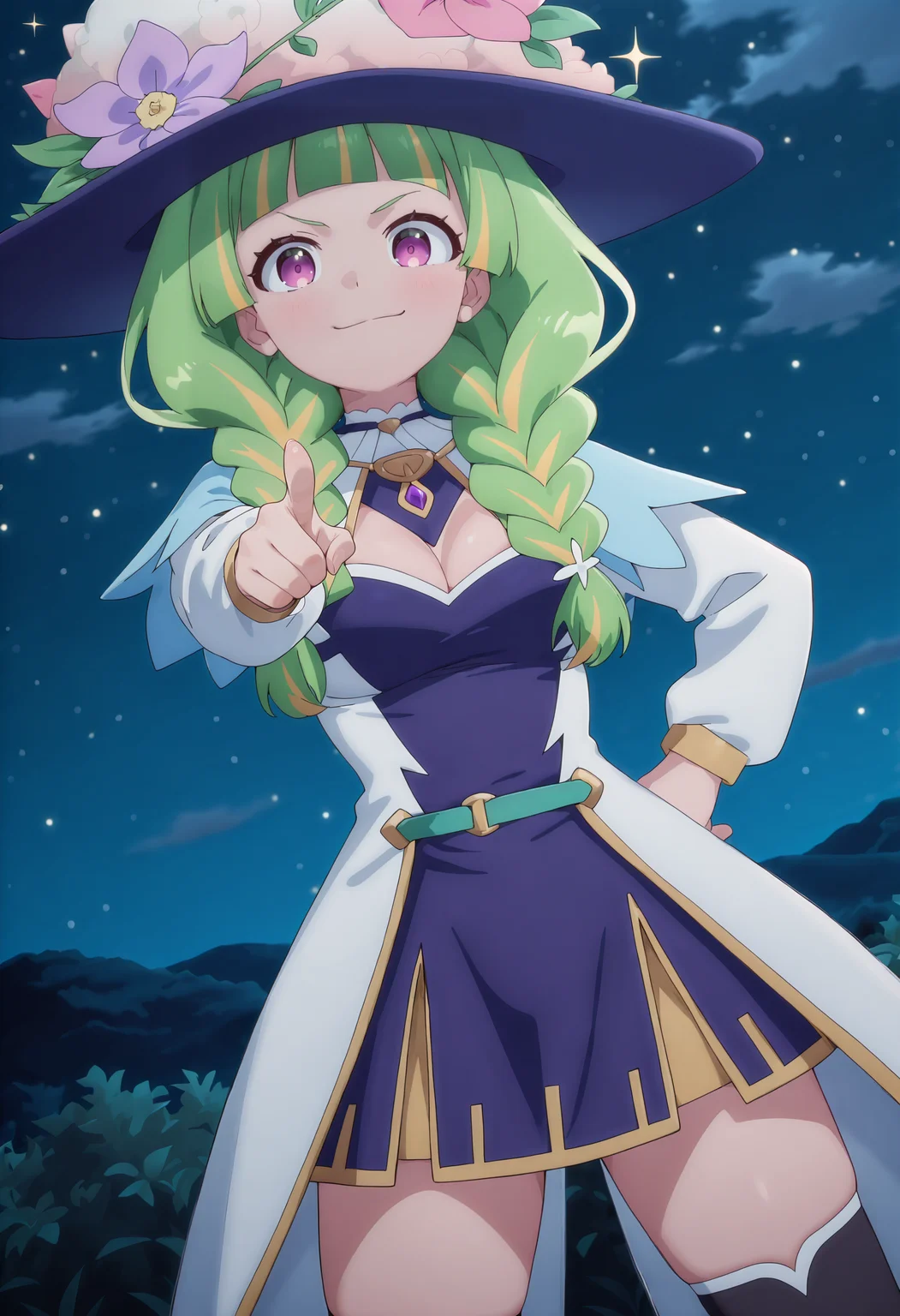 best quality, amazing quality, perfect quality, high quality, masterpiece, absolutely eye-catching BREAK
<lora:Kinomi_Master_-_Flower_Hat:1> KinomiHanaboshi, purple eyes, streaked hair, green hair, yellow hair, long hair, twin braids, blunt bangs BREAK
blue hat, hat flower, capelet, layered dress, blue dress, white dress, long sleeves, black thighhighs BREAK
1girl, standing, hand on own hip, pointing at viewer, looking at viewer, legs apart, sparkle, night sky, wind, cowboy shot, dutch angle, smirk