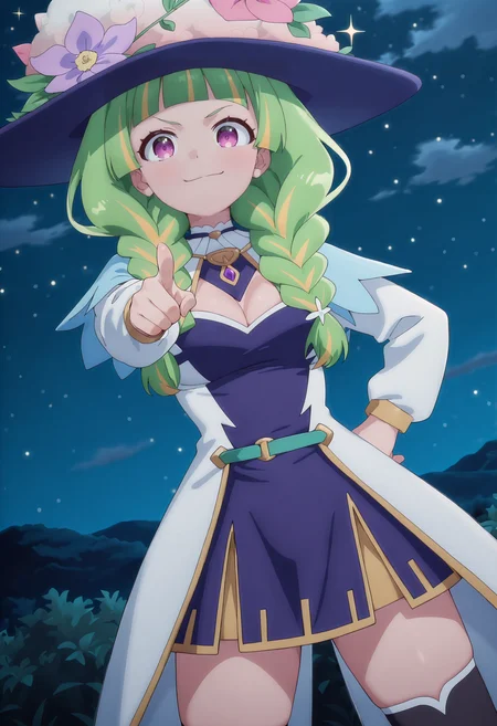 best quality, amazing quality, perfect quality, high quality, masterpiece, absolutely eye-catching BREAK
<lora:Kinomi_Master_-_Flower_Hat:1> KinomiHanaboshi, purple eyes, streaked hair, green hair, yellow hair, long hair, twin braids, blunt bangs BREAK
blue hat, hat flower, capelet, layered dress, blue dress, white dress, long sleeves, black thighhighs BREAK
1girl, standing, hand on own hip, pointing at viewer, looking at viewer,  legs apart, sparkle, night sky, wind, cowboy shot, dutch angle, smirk