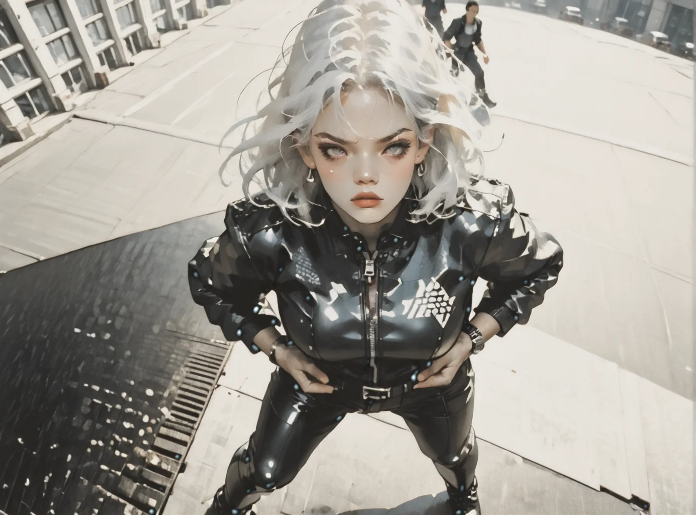 score_9, score_8_up, score_7_up, Fighting scene, shot from above, looking up against all odds, woman, pale skin, large breasts, <lora:sm0k3XLP:1>, <lora:goth_clothes:1>, Black leather jacket, black leather pants, black riding boots, white highlights, Long white hair, young face, <lora:Our_Muted_Future_Style:1>, <lora:Dark_Retro_Scifi_Aesthetic:1>,