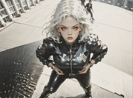 score_9, score_8_up, score_7_up, Fighting scene, shot from above, looking up against all odds, woman, pale skin, large breasts, <lora:sm0k3XLP:1>, <lora:goth_clothes:1>, Black leather jacket, black leather pants, black riding boots, white highlights, Long white hair, young face, <lora:Our_Muted_Future_Style:1>, <lora:Dark_Retro_Scifi_Aesthetic:1>,