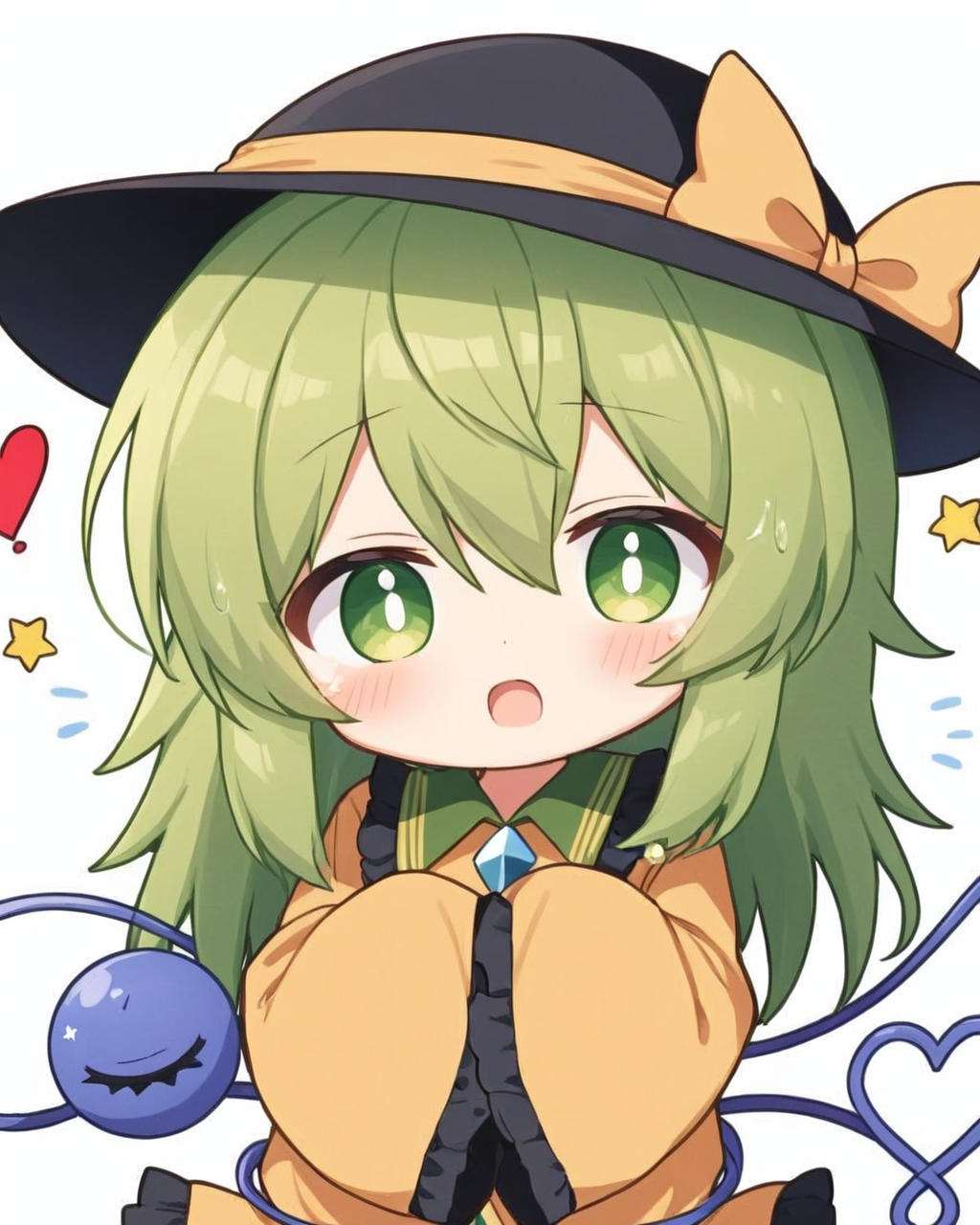 komeiji koishi,>_<, hat, third_eye, 1girl, black_headwear, blush, yellow_shirt, simple_background, open_mouth, tears, long_sleeves, solo, crying, diamond_button, flying_sweatdrops, diamond_\(shape\), bow, white_background, yellow_ribbon, heart_of_string, chibi, holding, pov_hands
<lora:komeiji_koishi_image10724_2023-12-20-000004:1>,star-shaped_pupils,symbol-shaped_pupils,. gorgeous,key visual, vibrant, studio anime,award-winning, professional, highly detailed,high budget, cinemascope
