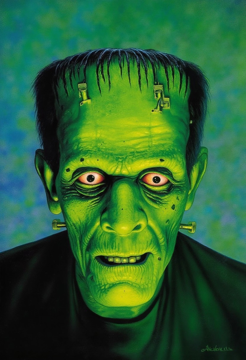edrepkastyle, a highly exaggerated brightly and dramatically colored portrait of Frankenstein.