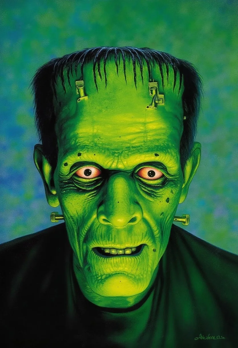 edrepkastyle, a highly exaggerated brightly and dramatically colored portrait of Frankenstein.