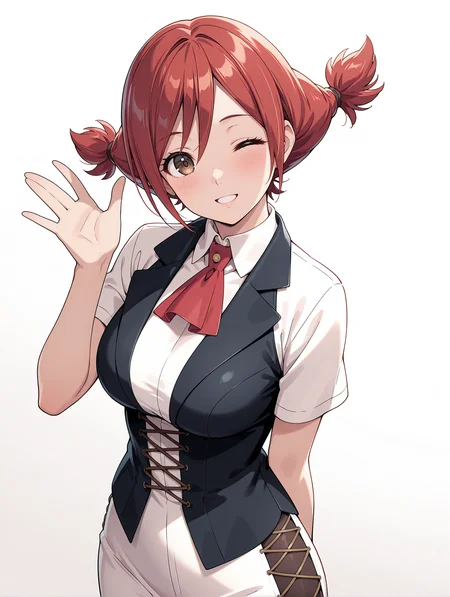 masterpiece,best quality,newest,
1girl,solo,
<lora:t_hibari_ilxl_v1.0:1>,t_h,short twintails,red hair,brown eyes,
h_clothes,red ascot,black vest,tight skirt,white skirt,
<lora:Fixhands_anime_bdsqlsz_V1:1>,parted lips,portrait,white_background,simple_background,standing,hand up,waving,:d,looking_at_viewer,cowboy_shot,one eye closed,