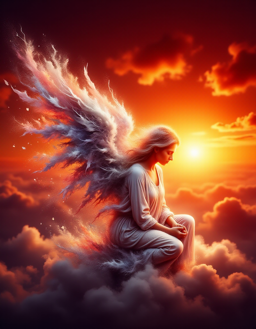 An angel kneeling on a cloud beneath a crimson sunset, her wings broken and fading in a ral-dissolve effect. Feathers begin to unravel into fiery orange and soft pink embers, drifting upward into the burning sky. Her glowing white robes fragment into translucent mist, blending with the swirling clouds around her. The intense reds, oranges, and whites create a sense of dramatic loss and fragile beauty.
 <lora:ral-dissolve-flux_000005000:1>
