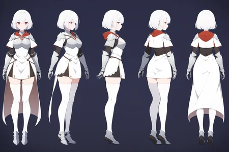 (VIEWS:0), full body character turnaround of 1girl, Multiple views of the same character in the same outfit, simple background, white background,
(theme:0), medieval, fantasy, Dungeon And Dragon,
(rank:0),female warrior, armored character, silver armor, red accents, tunic, white thigh-high stockings, black leg guards, red cape, white bob haircut, short hair, medieval-inspired attire, detailed armor, fantasy character,
<lora:bg3TurnXL_v1_pony:0.1>
<lora:Witcher3turn_v1_Pony:0.1>
<lora:medieval2turn_v1_Pony:0.1>
<lora:CharTurnXL_v4_Pony:0.1>
<lora:bg3TurnXL_v1:0.1>
<lora:Witcher3TurnXL_v1:0.1>
<lora:Medieval2TurnXL_v1:0.6>
<lora:CharTurnXLRetag_v4:0.1>